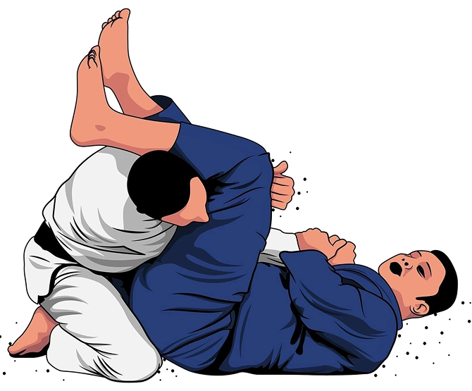 Illustration représentant deux personnes pratiquant le jiu-jitsu brésilien sur fond noir. L'une, vêtue d'un gi blanc, exécute un étranglement en triangle sur l'autre, vêtue d'un gi bleu.