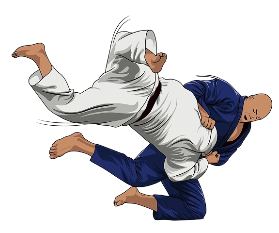 Illustration d'un combat de judo montrant un judoka en gi bleu effectuant une projection, soulevant son adversaire en gi blanc du sol, sur fond noir.