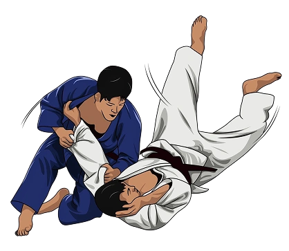 Une personne vêtue d'un gi de judo bleu projette avec succès un adversaire en gi blanc sur le tapis. La scène dégage une impression d'action et de concentration sur fond noir.