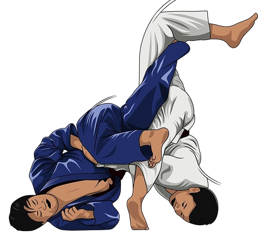 Deux pratiquants d'arts martiaux en tenue de judo s'affrontent sur un fond noir. L'un, vêtu d'un gi bleu, exécute une prise de soumission sur l'autre, vêtu d'un gi blanc.